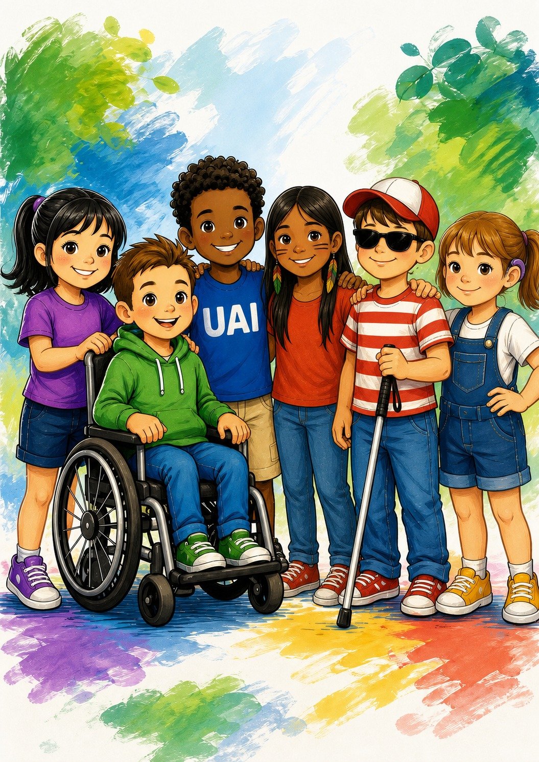 Ilustração da Turma UAI com crianças diversas, incluindo criança em cadeira de rodas e criança com bengala, representando amizade, acessibilidade e inclusão.